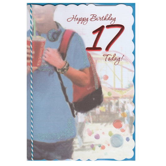 Front of this 17th birthday card features the text "Happy Birthday 17 Today! and an illustration of a young man wearing a backpack.