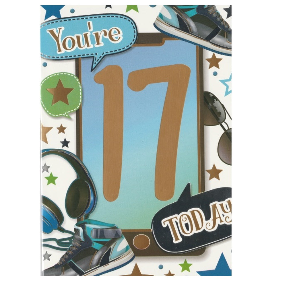 Front of this 17th birthday card features the text "YOU'RE 17 TODAY" with illustrations of trainers and headphones.