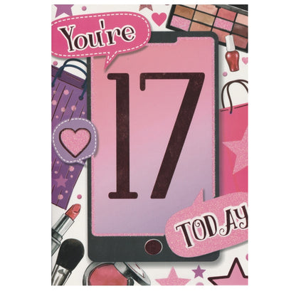 Front of this 17th birthday card features the text 'YOU'RE 17 TODAY' with illustrations of makeup products.