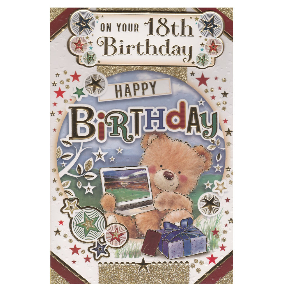 Front of this 18th birthday card features an illustration of a teddy bear watching a football match, on a laptop, paired with a message.