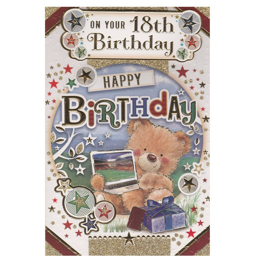 Front of this 18th birthday card features an illustration of a teddy bear watching a football match, on a laptop, paired with a message.