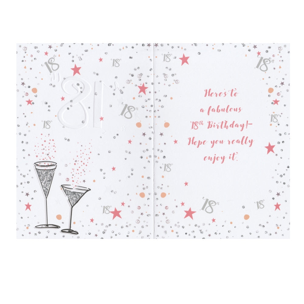 Front of this 18th birthday card features an illustration of cocktails and the text 'HAPPY 18TH BIRTHDAY!'.
