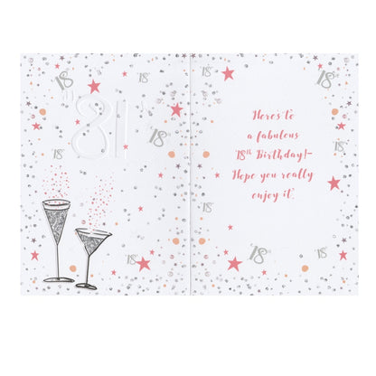 Front of this 18th birthday card features an illustration of cocktails and the text 'HAPPY 18TH BIRTHDAY!'.