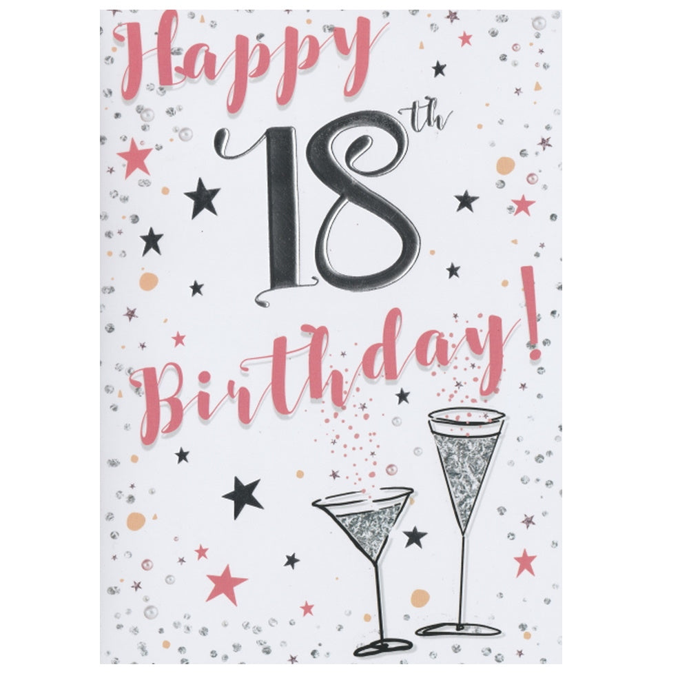 Front of this 18th birthday card features an illustration of cocktails and the text 'HAPPY 18TH BIRTHDAY!'.