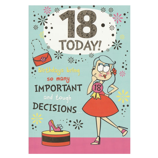 Front of this 18th birthday card features an illustration of a young woman wearing an 18 badge, paired with a message.