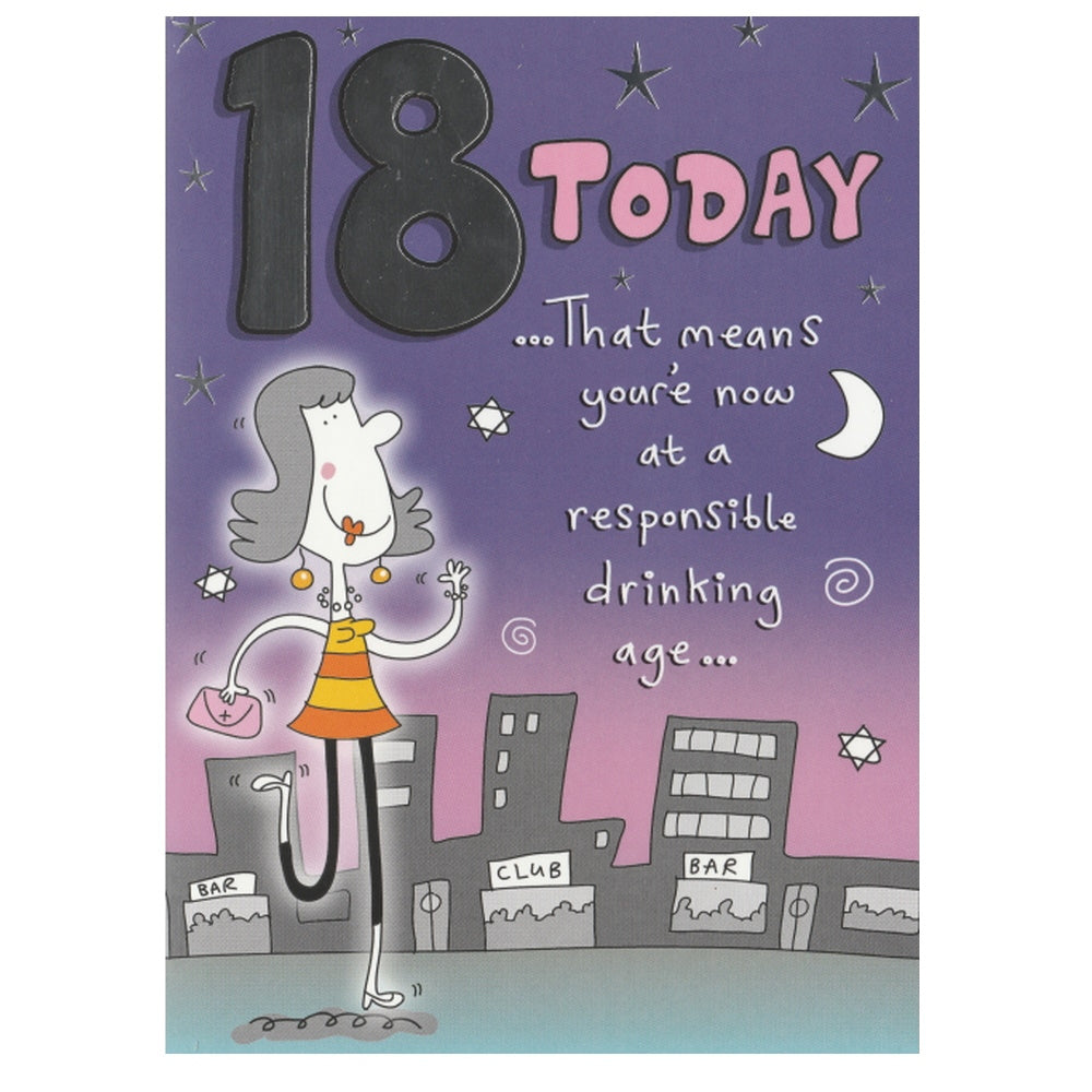 Front of this 18th birthday card features an illustration of a teenage girl in front of a bars and clubs background, paired with a message.