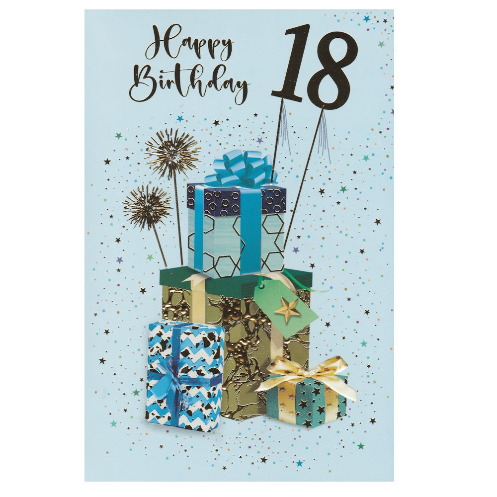 Front of this 18th birthday card features the text 'Happy Birthday 18' and an illustration of gold foil wrapped presents.