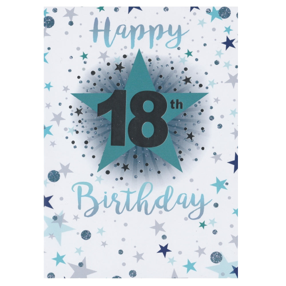 Front of this 18th birthday card features a large star with the text 'HAPPY 18TH BIRTHDAY' surrounded by stars.