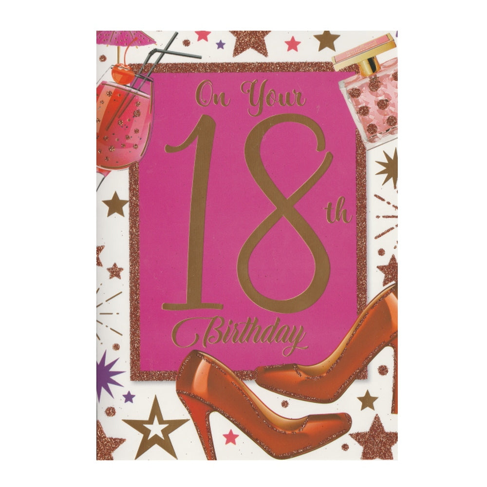 Front of this 18th birthday card features the text 'ON YOUR 18TH BIRTHDAY' with illustrations of a perfume bottle, cocktail and high heels.