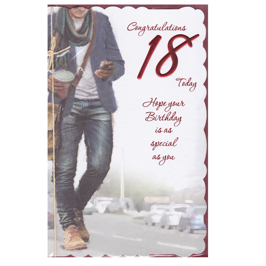 Front of this card features an illustration of a young man walking carrying a cup of coffee and a mobile phone, paired with a message.