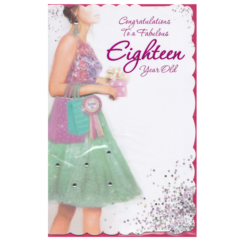 Front of this card features an illustration of a young woman wearing a party dress and carrying a gift, paired with a message.