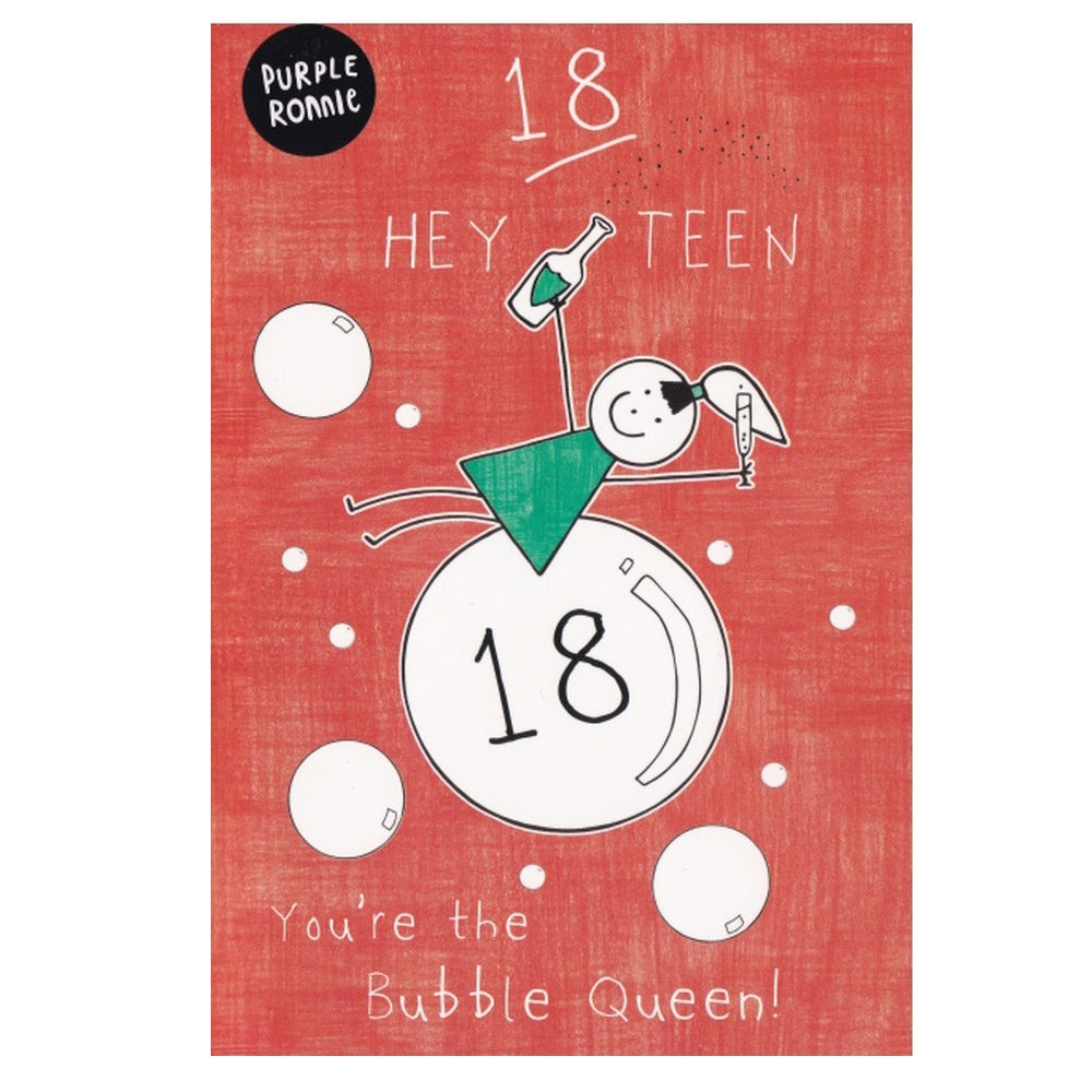 Front of this 18th birthday card features an illustration of a girl holding a wine bottle, surrounded by bubbles, paired with a message.
