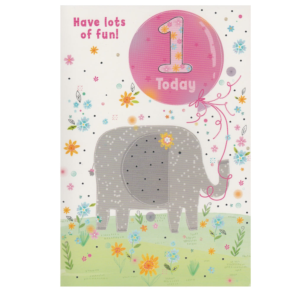 Front of this 1st birthday card features an illustration of an elephant with a large pink balloon with the text 'Have lots of fun! 1 Today'.