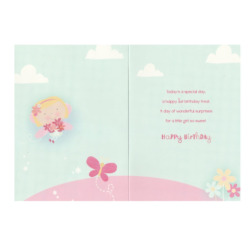 Front of this 1st birthday card features an illustration of a little girl picking flowers with the text 'Birthday Wishes' and a large number 1.