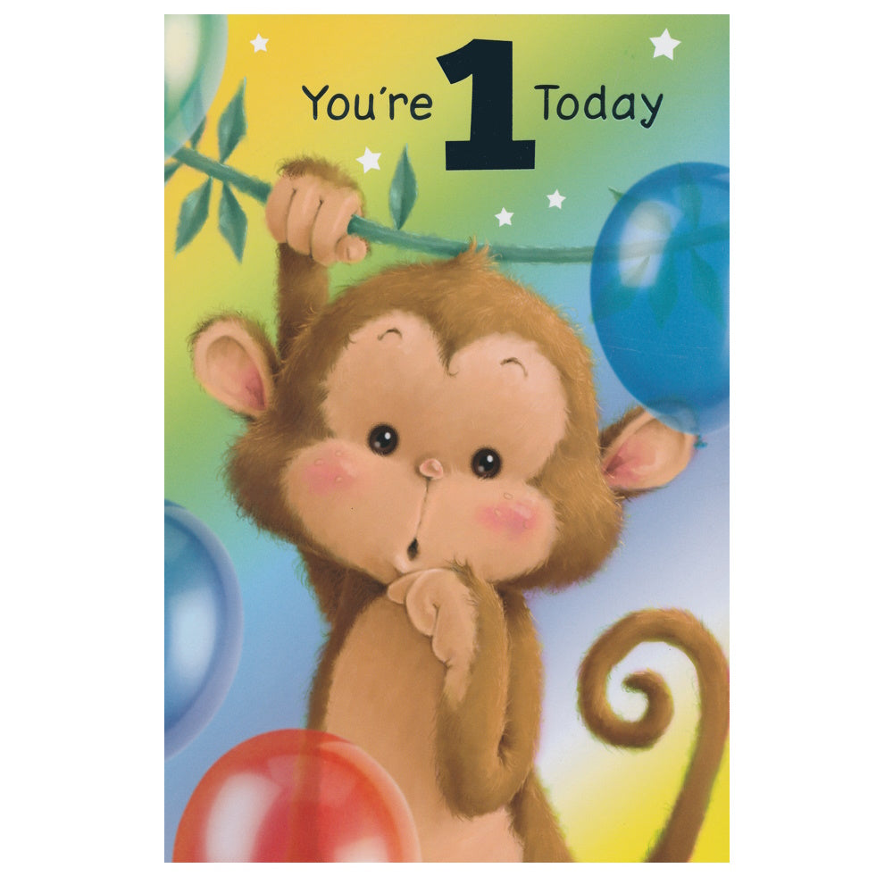Front of this 1st birthday card features an illustration of a monkey surrounded by coloured balloons, paired with a message.