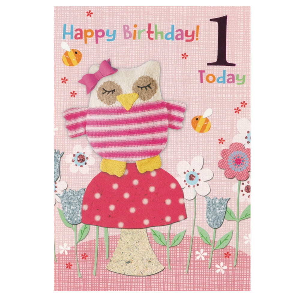 Front of this 1st birthday card features an illustration of a colourful scene of an owl wearing a jumper, stood on a mushroom and paired with a message.
