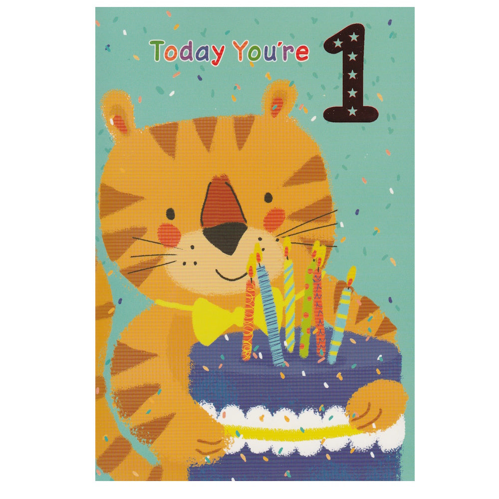 Front of this 1st birthday card features an illustration of a tiger holding a birthday cake with candles, paired with a message.