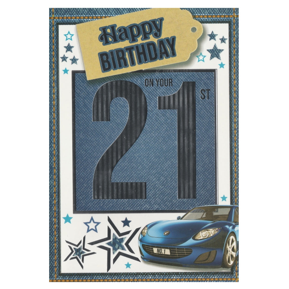 Front of this 21st birthday card features the text 'HAPPY BIRTHDAY ON YOUR 21ST' with an illustration of a blue car and stars.