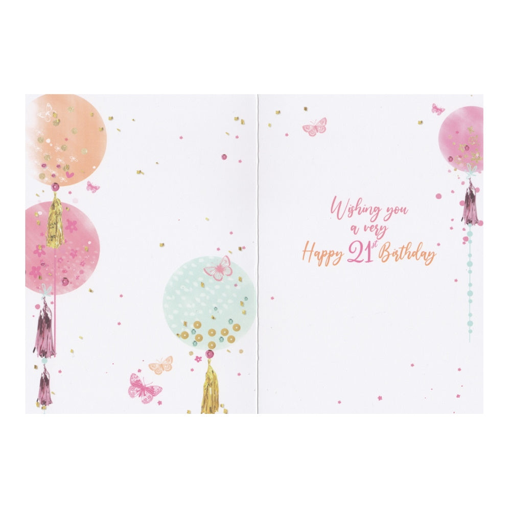 Front of this 21st birthday card features the text '21 TODAY' on a background of colourful circles.