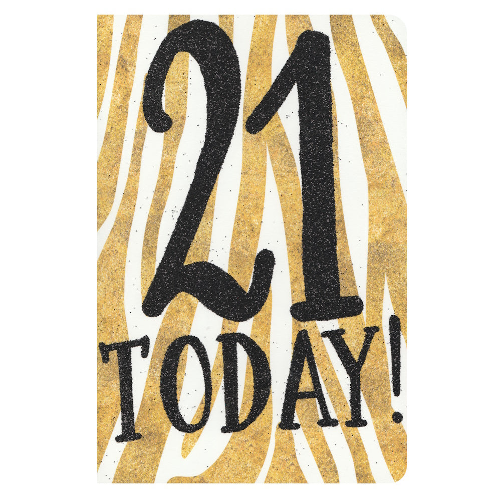 Front of this 21st birthday card features the text '21 Today!' on a gold striped background.