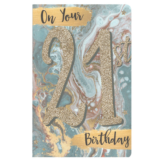 Front of this 21st birthday card features the text 'On Your 21st Birthday' on a blue background.
