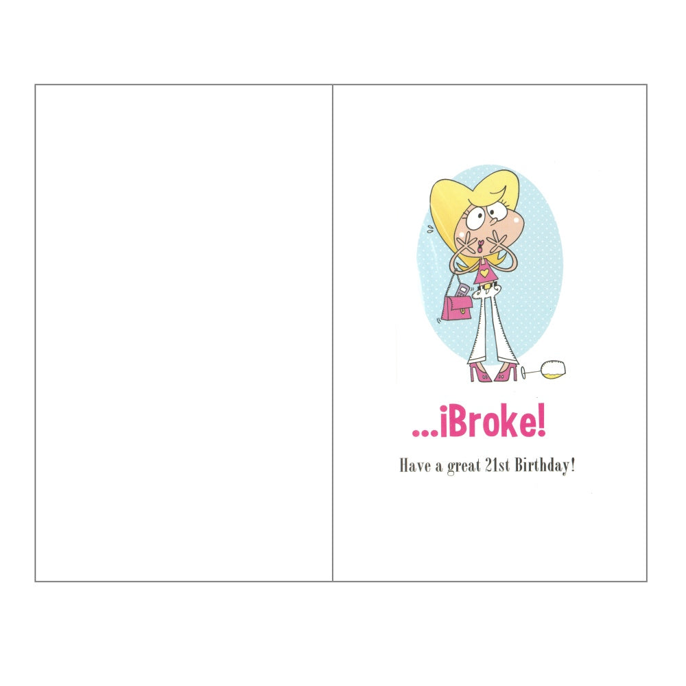 Front of this 21st birthday card features an illustration of a woman smiling.