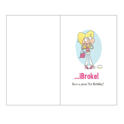 Front of this 21st birthday card features an illustration of a woman smiling.