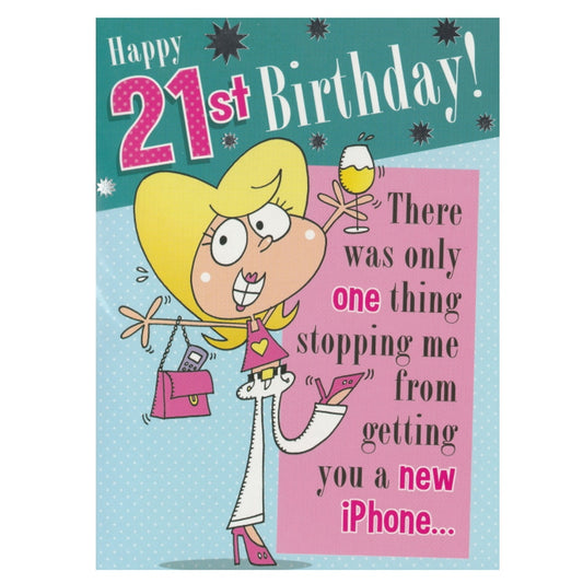Front of this 21st birthday card features an illustration of a woman smiling.