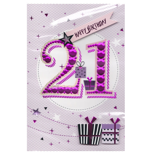 Front of this 21st birthday card features an illustration of the number 21 with a raised embellishment saying 'Happy Birthday'.