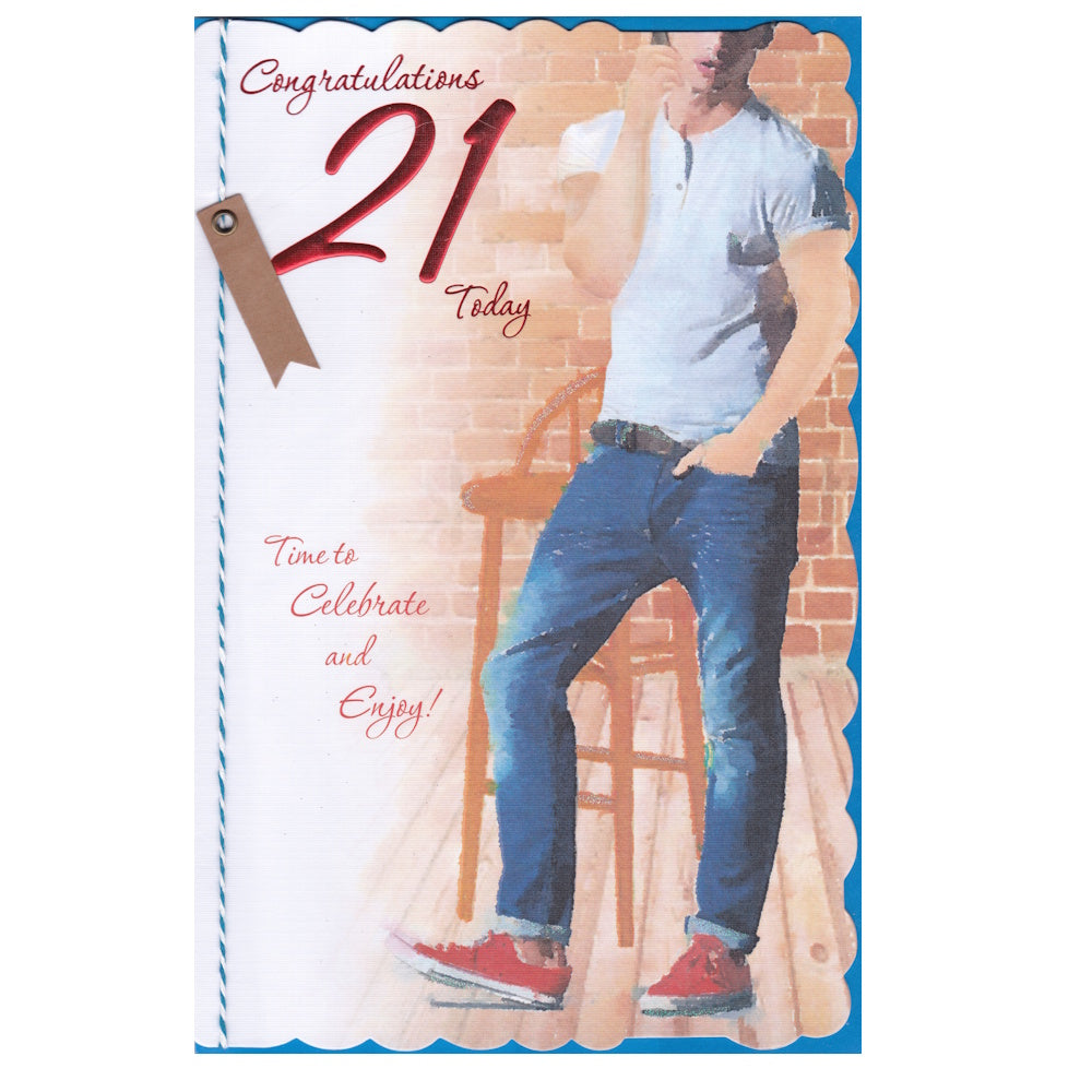 Front of this 21st birthday card features an illustration of a young man casually standing talking on his phone, paired with a message.
