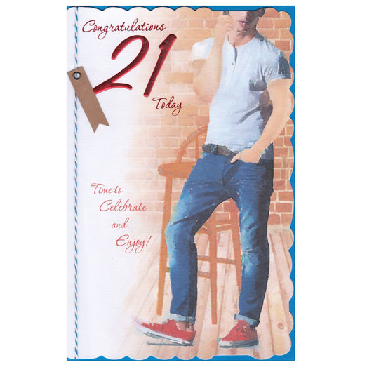 Front of this 21st birthday card features an illustration of a young man casually standing talking on his phone, paired with a message.