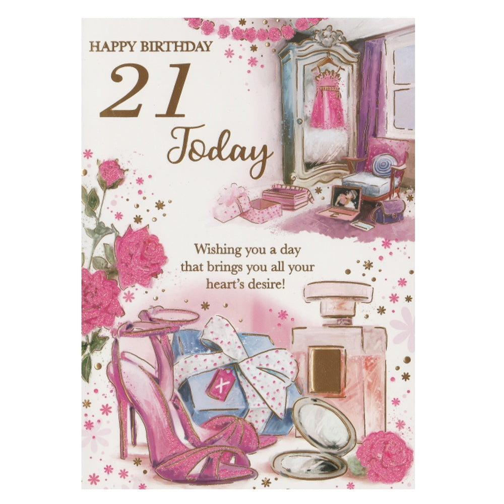 Front of this 21st birthday card features an illustration of a dressing room, paired with a message