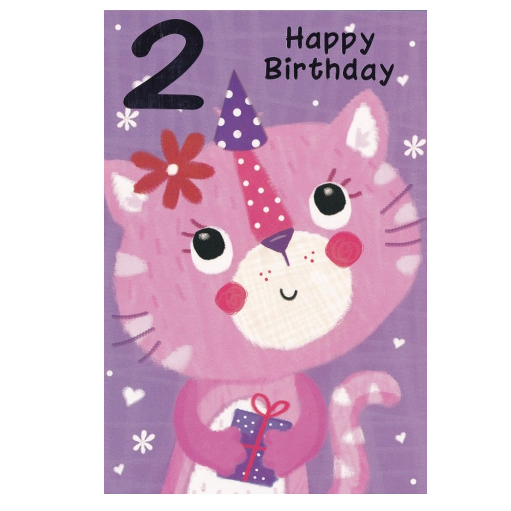 Front of this 2nd birthday card features an illustration of a pink cat wearing a purple dotted party hat with the text 'Happy Birthday' and a number 2.
