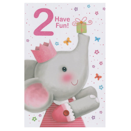 Front of this 2nd birthday card features an illustration of a cartoon elephant wearing a pink crown, balancing a present on her trunk, paired with a message.