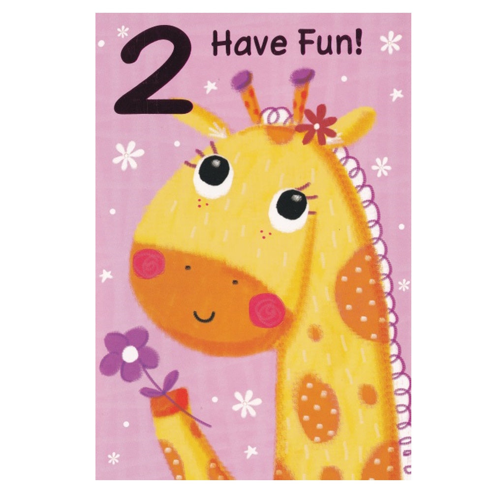 Front of this 2nd birthday card features an illustration of a giraffe with flowers, paired with a message.