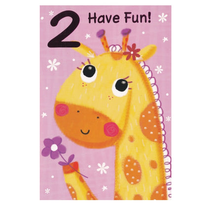 Front of this 2nd birthday card features an illustration of a giraffe with flowers, paired with a message.