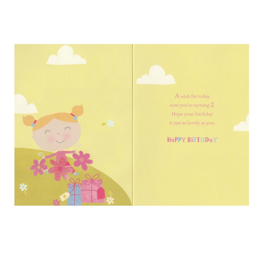 Front of this 2nd birthday card features an illustration of a little girl with flowers and presents, paired with a message.