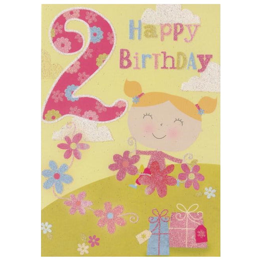 Front of this 2nd birthday card features an illustration of a little girl with flowers and presents, paired with a message.