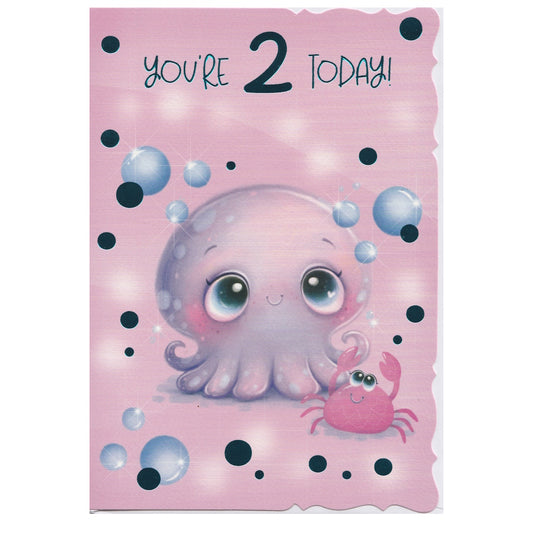 Front of this 2nd birthday card features an illustration of a cartoon octopus and crab on a polka dot background, with the text 'YOU'RE 2 TODAY!'.