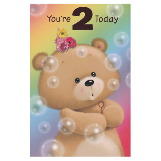 Front of this 2nd birthday card features an illustration of a teddy bear blowing bubbles, paired with a message.