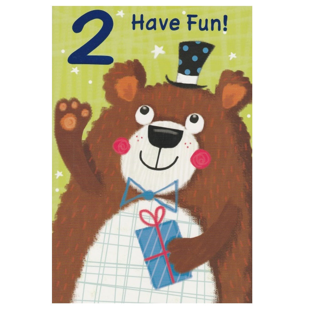Front of this 2nd birthday card features an illustration of a bear wearing a blue top hat, paired with a message.