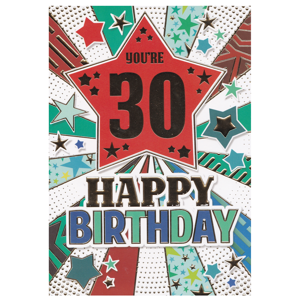 Age 30 Birthday Card. This card has illustrations of stars and stripes with a large red star in the centre and the text 'You're 30 HAPPY BIRTHDAY'. Gold foil detail.