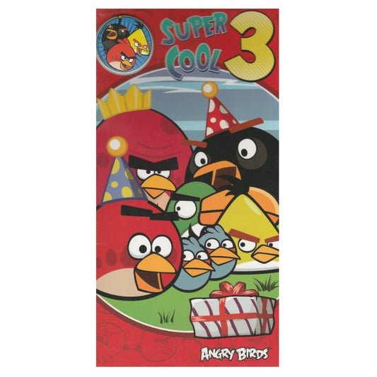 Front of this 3rd birthday card features an illustration of angry birds and a wrapped gift, paired with a message.