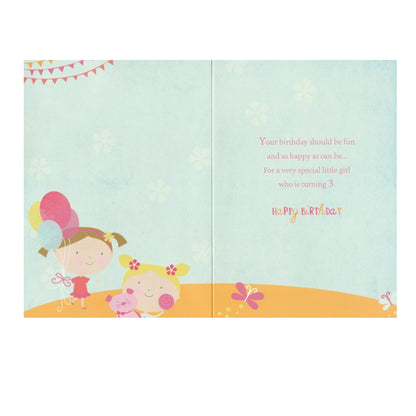 Front of this 3rd birthday card features an illustration of two girls with balloons, paired with a message