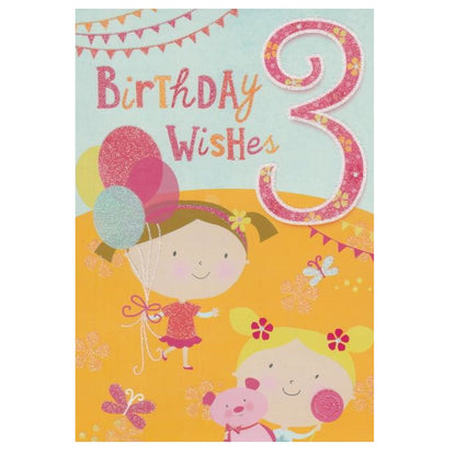 Front of this 3rd birthday card features an illustration of two girls with balloons, paired with a message