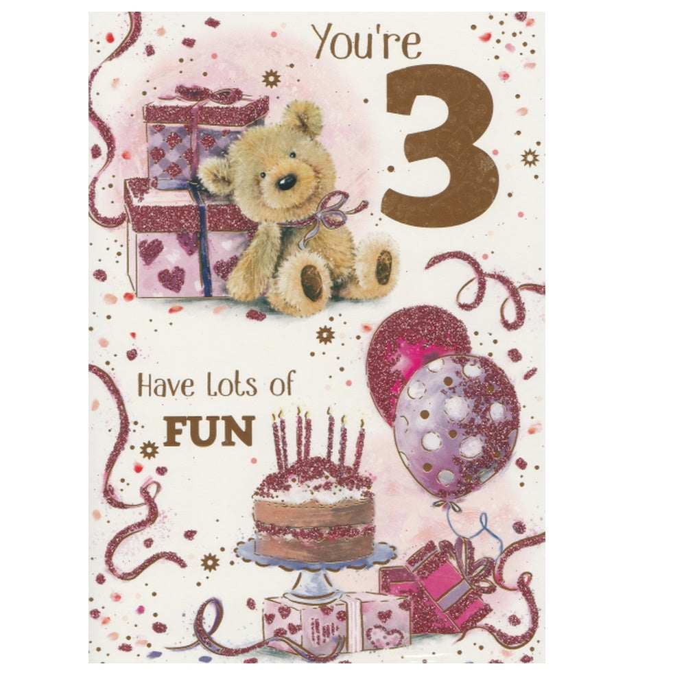 Front of this 3rd birthday card features an illustration of a teddy bear, presents, cake and balloons, paired with message.