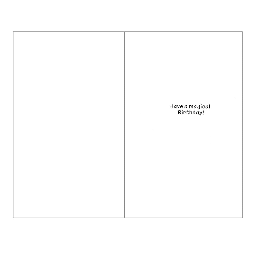 Front of this 3rd birthday card features illustrations of a castle, unicorn and a girl dressed up as a princess, paired with a message.