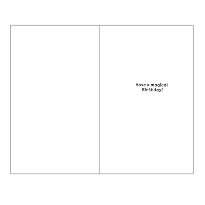 Front of this 3rd birthday card features illustrations of a castle, unicorn and a girl dressed up as a princess, paired with a message.