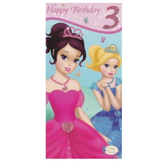 Front of this 3rd birthday card features an illustration of gem fairies wearing necklaces and tiaras, paired with a message.