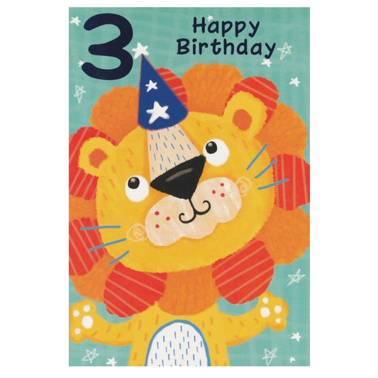 Front of this 3rd birthday card features an illustration of a lion wearing a starry party hat, paired with a message.